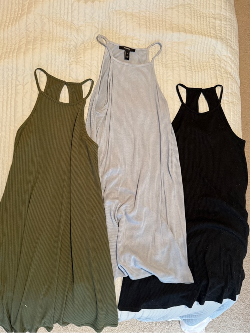 Set of 4 Ribbed Halter Dresses — Olive, Blue, Black